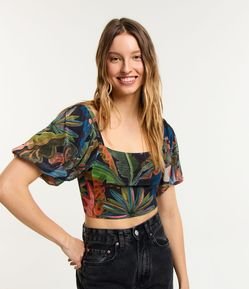 Blusa Cropped em Tule com Estampa Floral