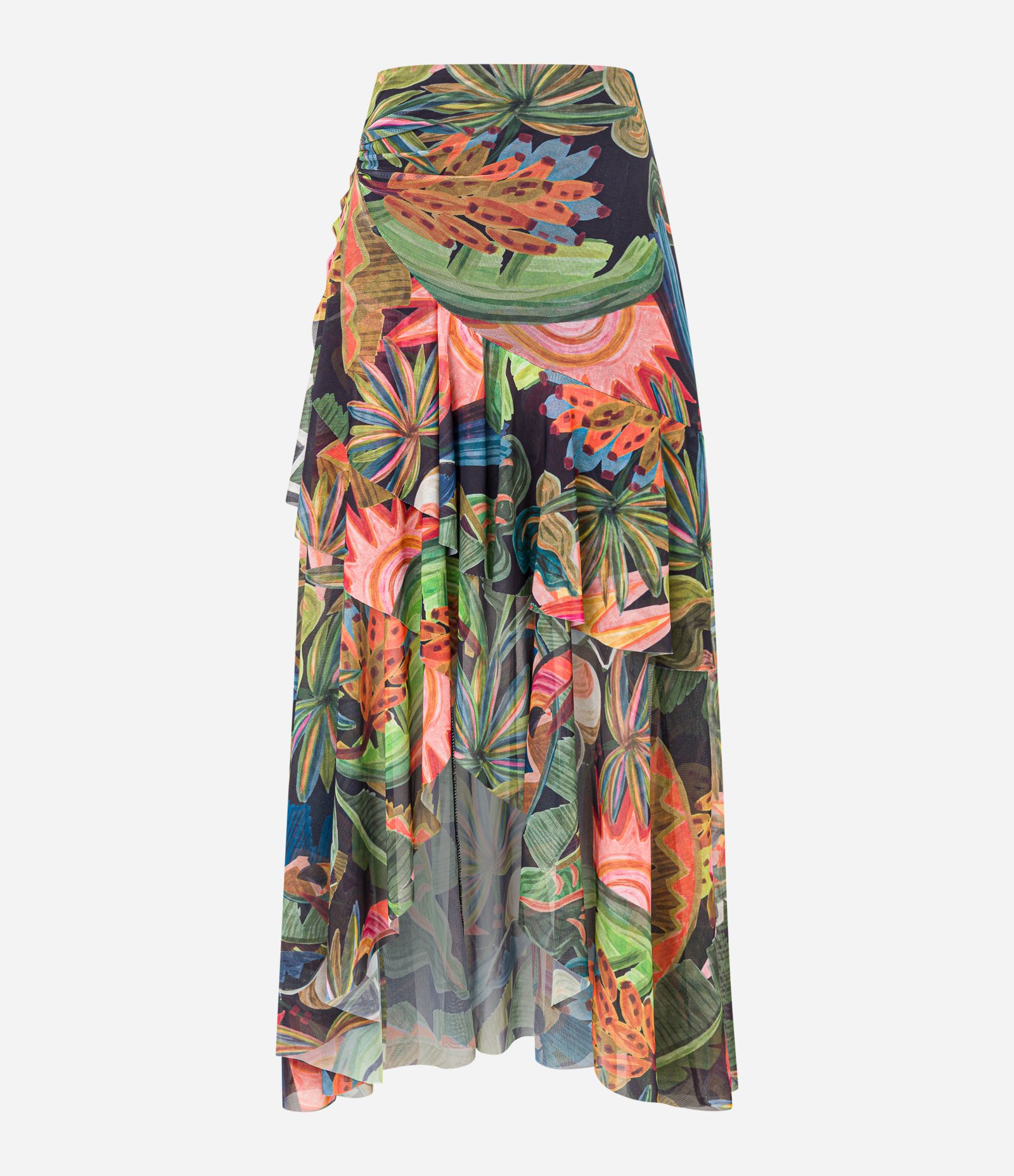 Saia Evasê em Tule com Estampa Floral e Babado Assimétrico Preto 4