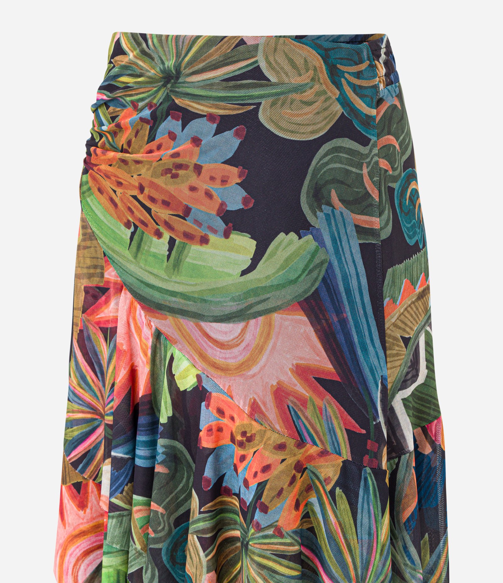 Saia Evasê em Tule com Estampa Floral e Babado Assimétrico Preto 5
