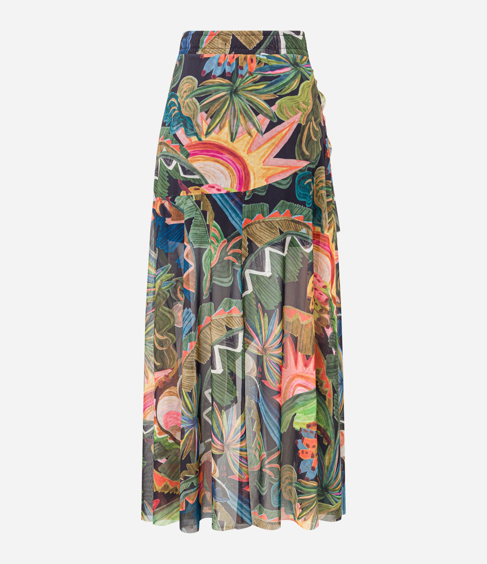 Saia Evasê em Tule com Estampa Floral e Babado Assimétrico Preto 6