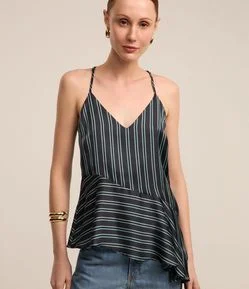 Blusa de Alça em Tecido Acetinado Listrado com Barra Assimétrica