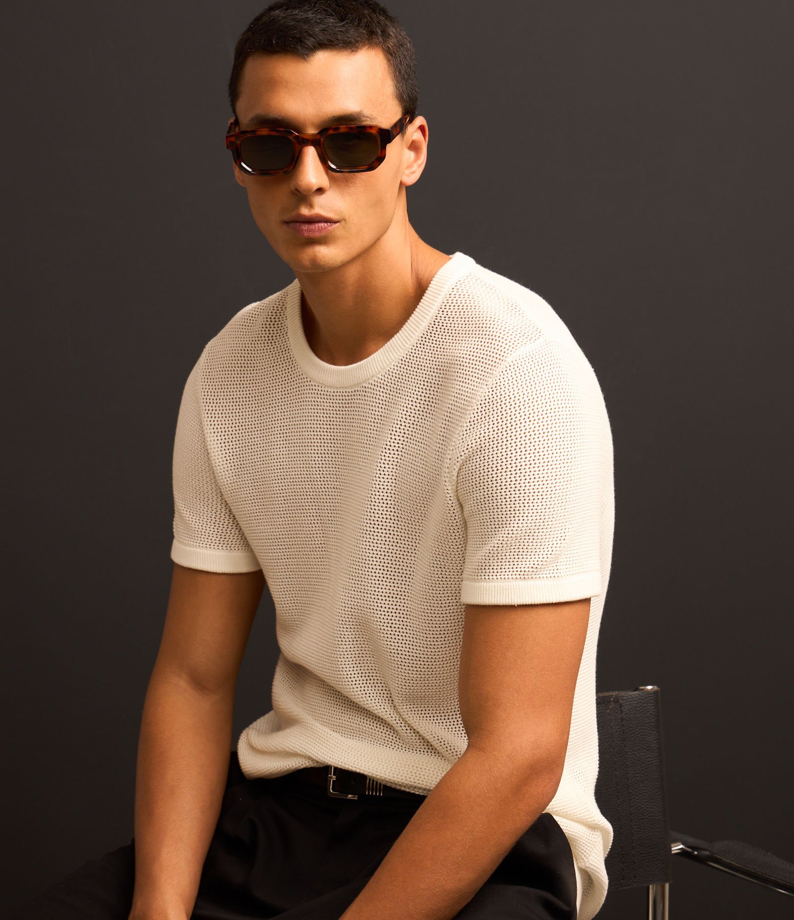 Camiseta Regular em Tricô Vazado Branco 1