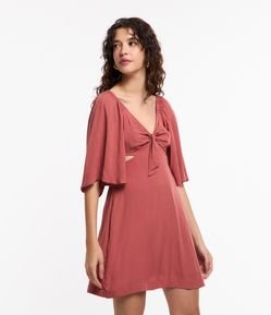 Vestido Curto em Viscose com Manga Ampla e Amarração Frontal