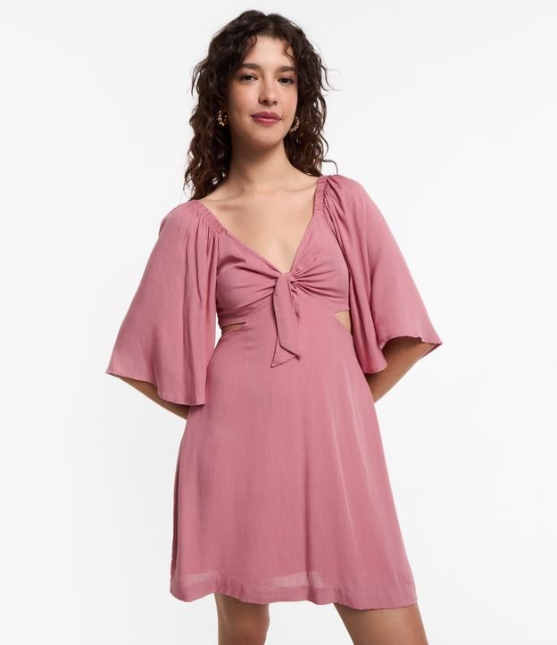 Vestido Curto em Viscose com Manga Ampla e Amarração Frontal