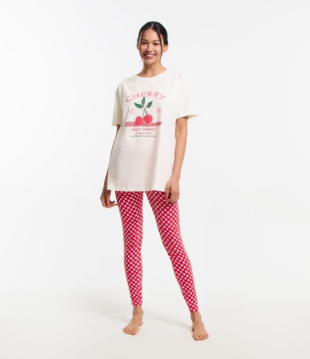 Pijama Longo com Estampa Xadrez e Cerejas