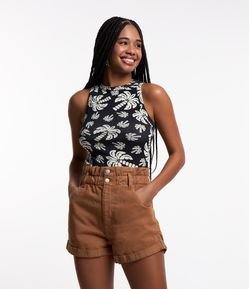 Blusa sem Manga em Ribana com Estampada Folhagens