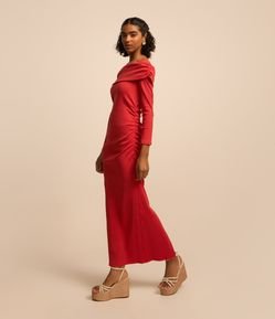 Vestido Midi em Microfibra Ombro a Ombro e Pala Virada