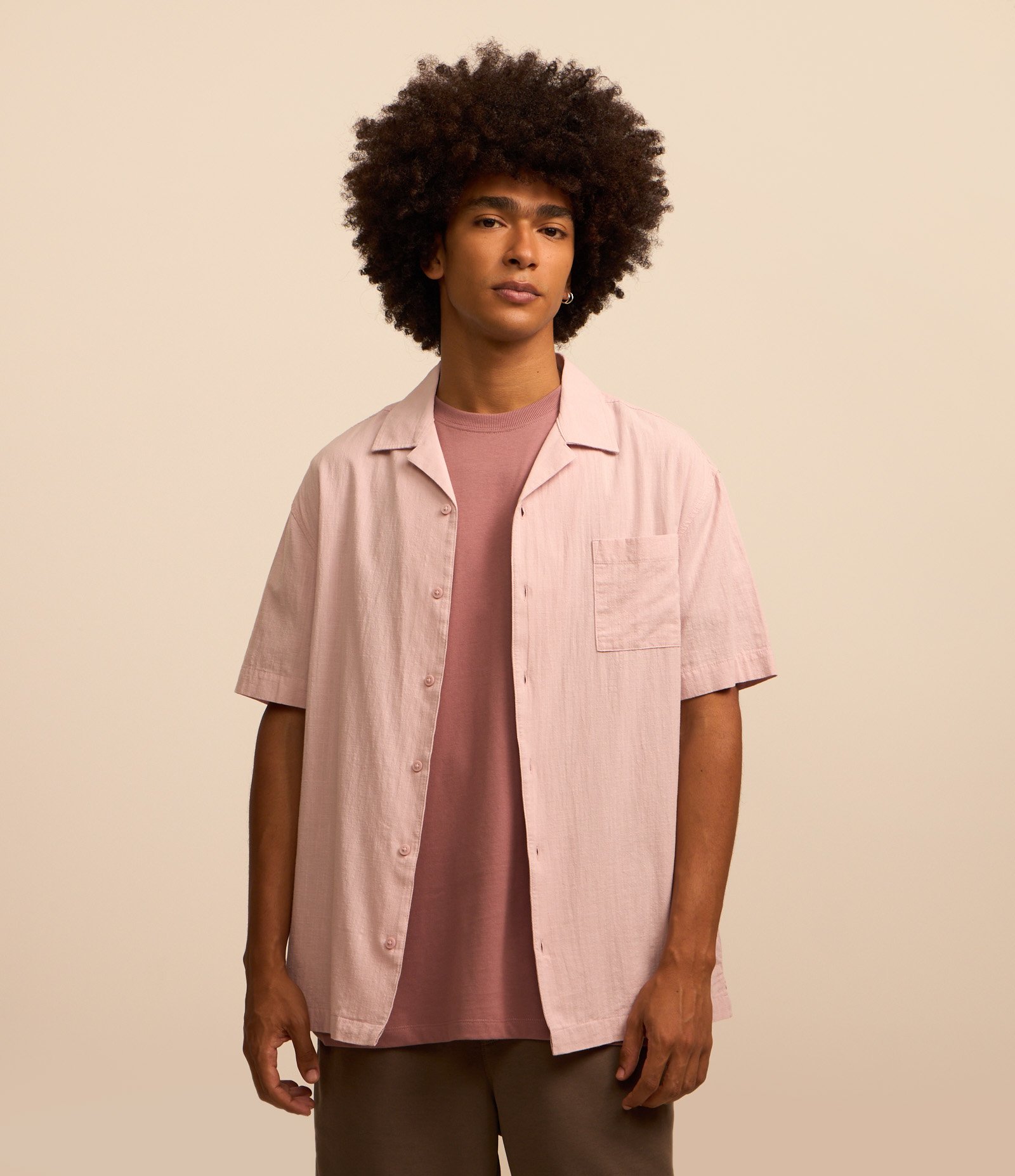 Camisa Relaxed em Tricoline com Textura Bowling Rosa 1
