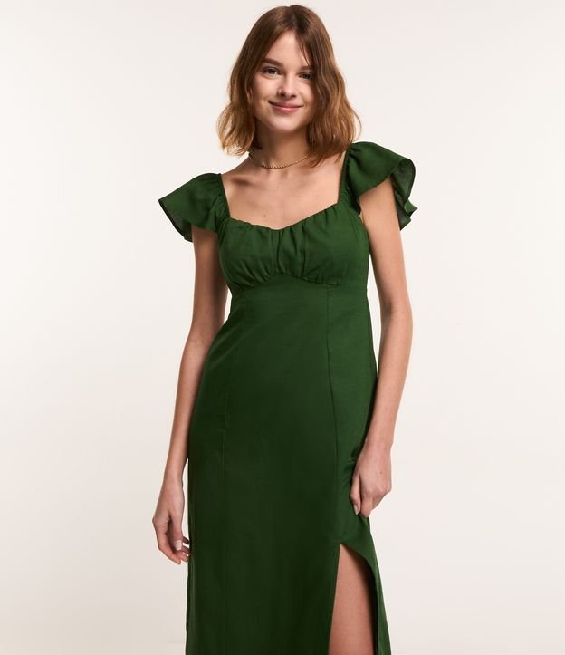 Vestido Midi em Linho com Franzido no Busto