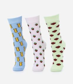 Kit 03 Pares de Meia Cano Alto em Algodão com Estampas Divertidas