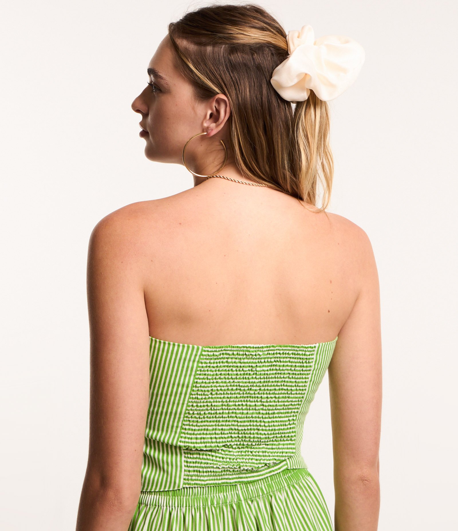 Blusa Cropped em Tricoline Listrado com Lastex nas Costas Verde/Branco 3