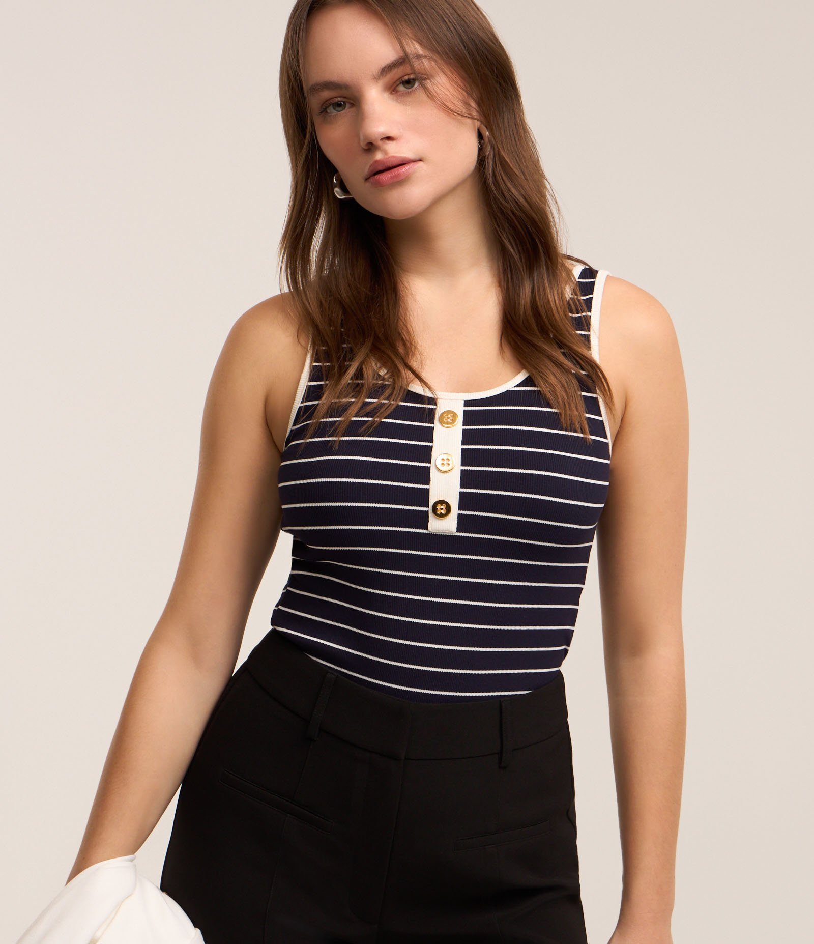 Blusa Regata em Ribana com Listras e Botões Azul 1