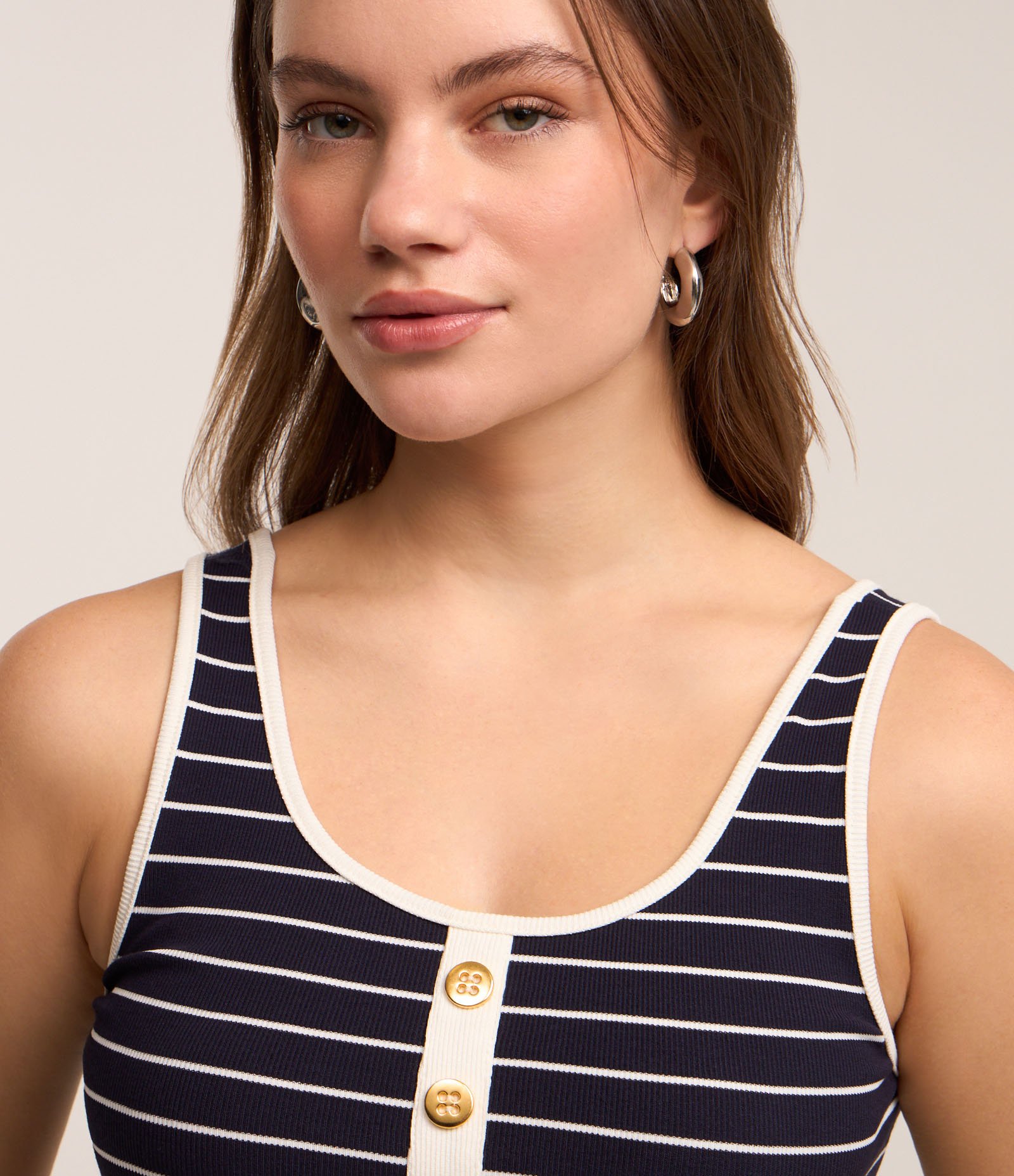 Blusa Regata em Ribana com Listras e Botões Azul 3
