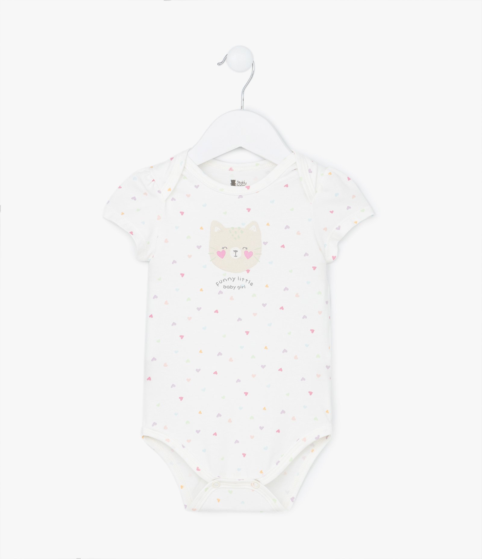 Body Infantil em Algodão com Estampa de Gatinha e Corações - Tam RN a 18 meses Branco Neve 1