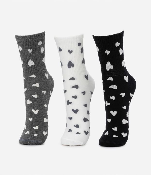 Kit 03 Meias Cano Médio em Algodão com Estampa de Corações