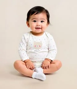 Body Infantil com Estampa de Gatinha com Corações - Tam RN a 18 meses