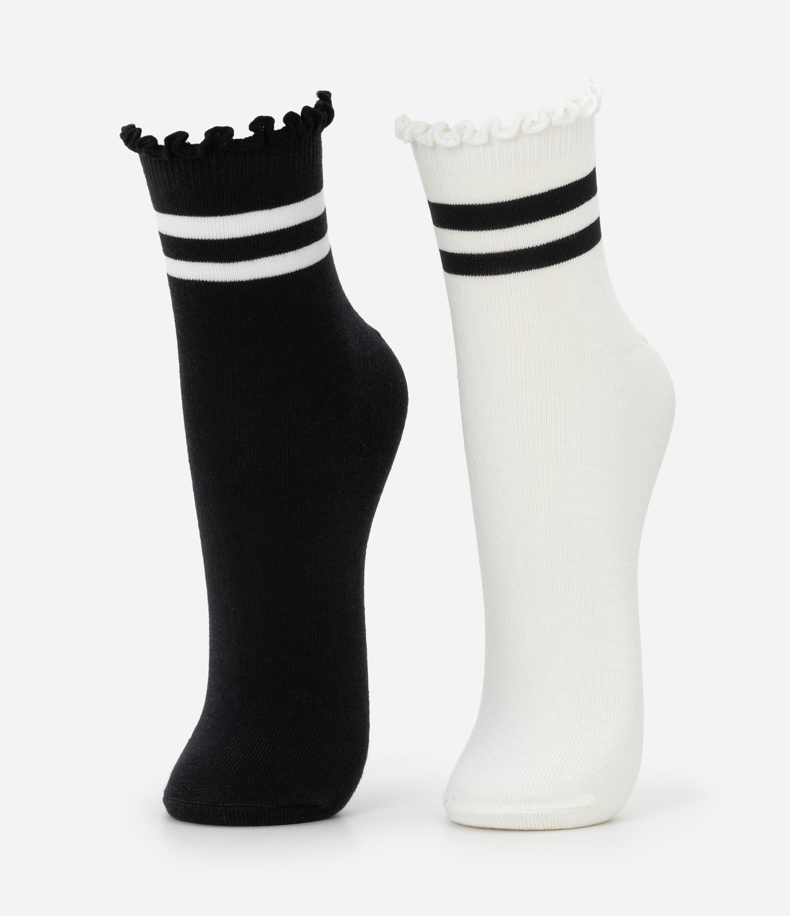 Kit 02 Meias Cano Médio em Algodão com Listras e Frufru Preto/Branco 1