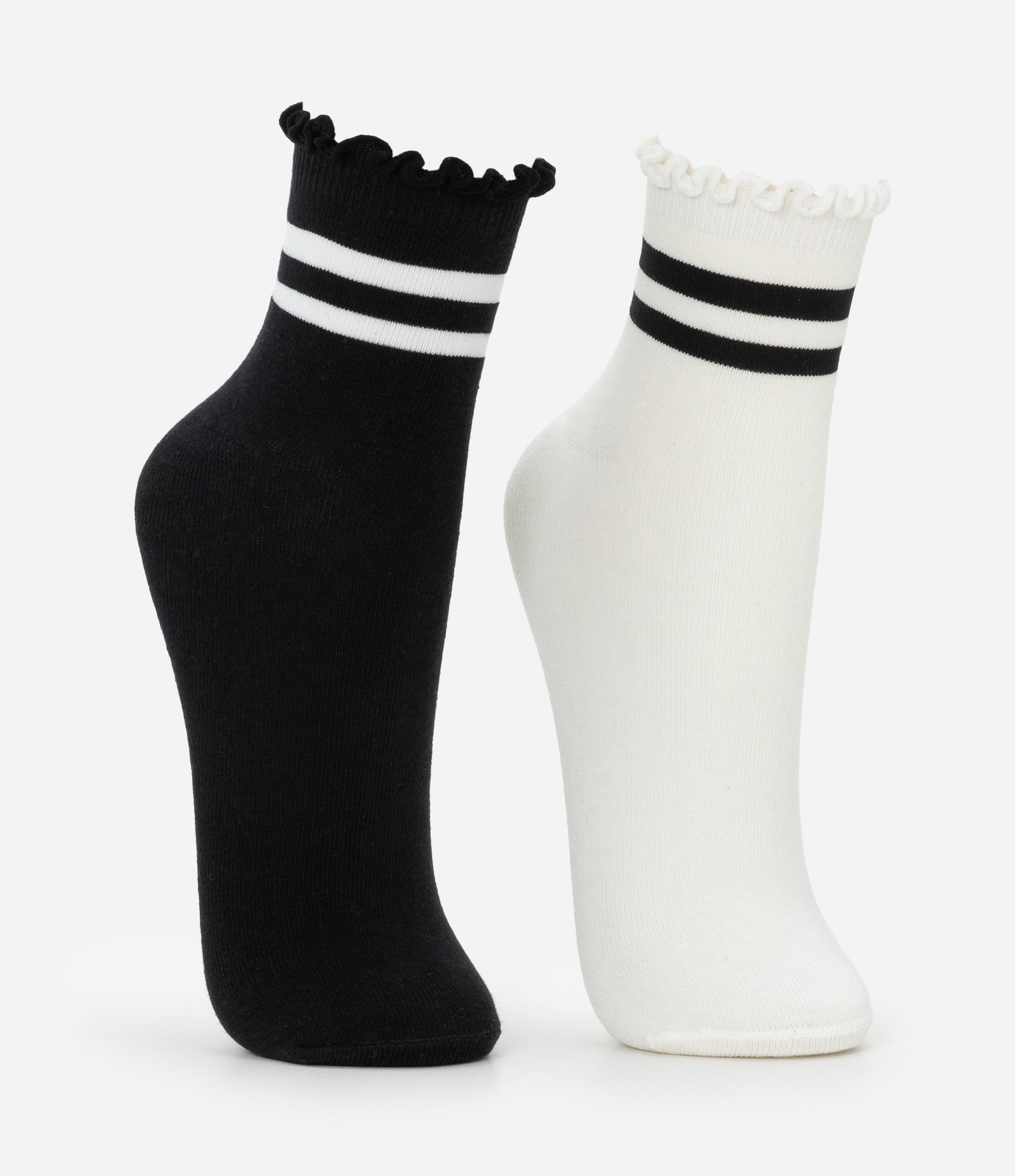 Kit 02 Meias Cano Médio em Algodão com Listras e Frufru Preto/Branco 2