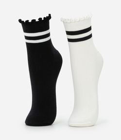Kit 02 Meias Cano Médio em Algodão com Listras e Frufru