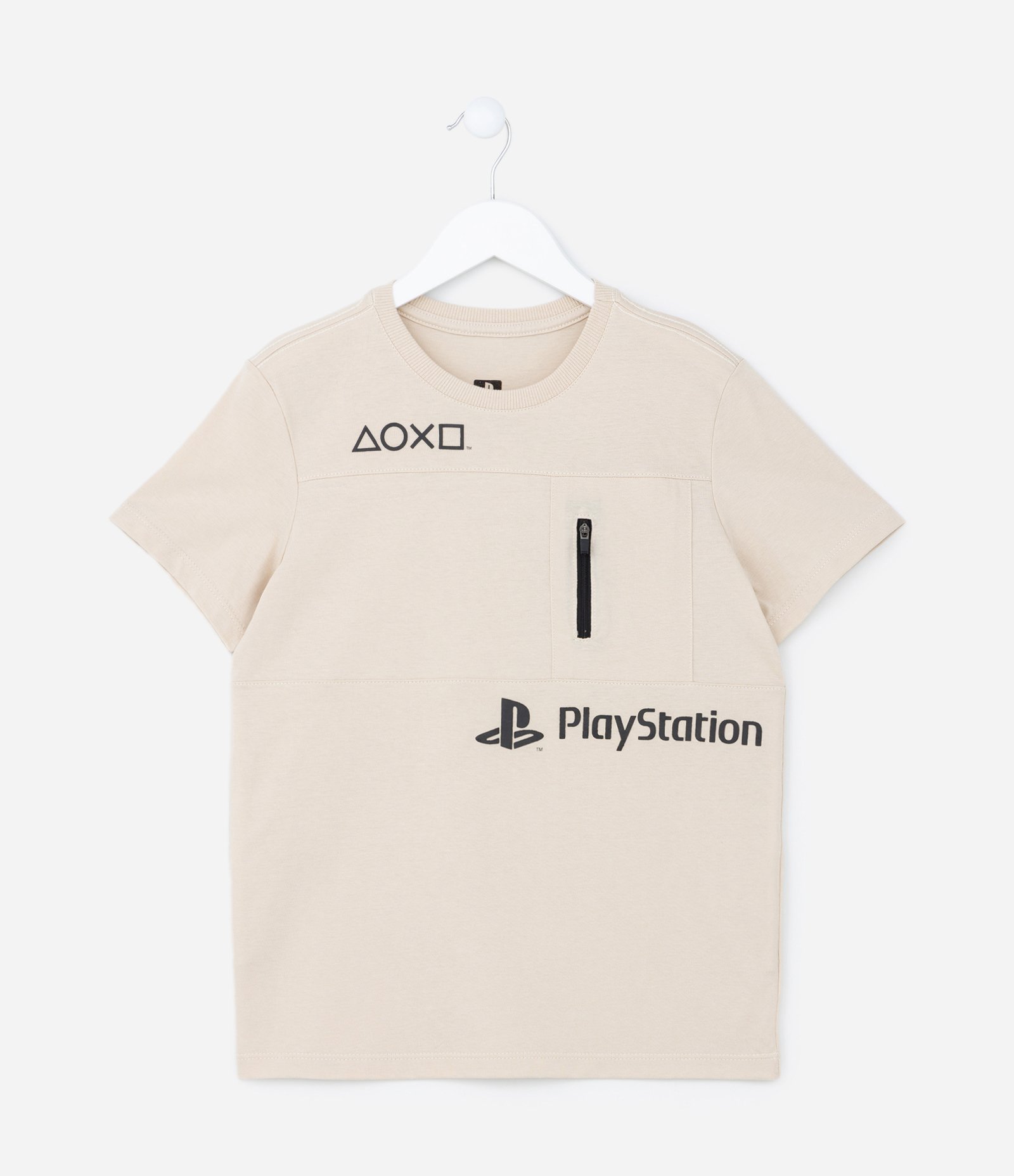 Camiseta Infantil com Bolsinho de Zíper e Estampa Playstation - Tam 5 a 14 anos Bege 1