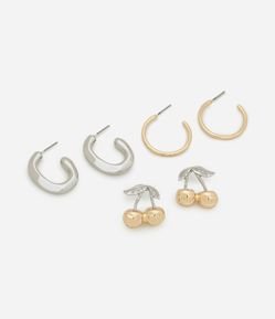 Kit 03 Brincos Argola em Metal com Cereja e Diferentes Formas Bicolor