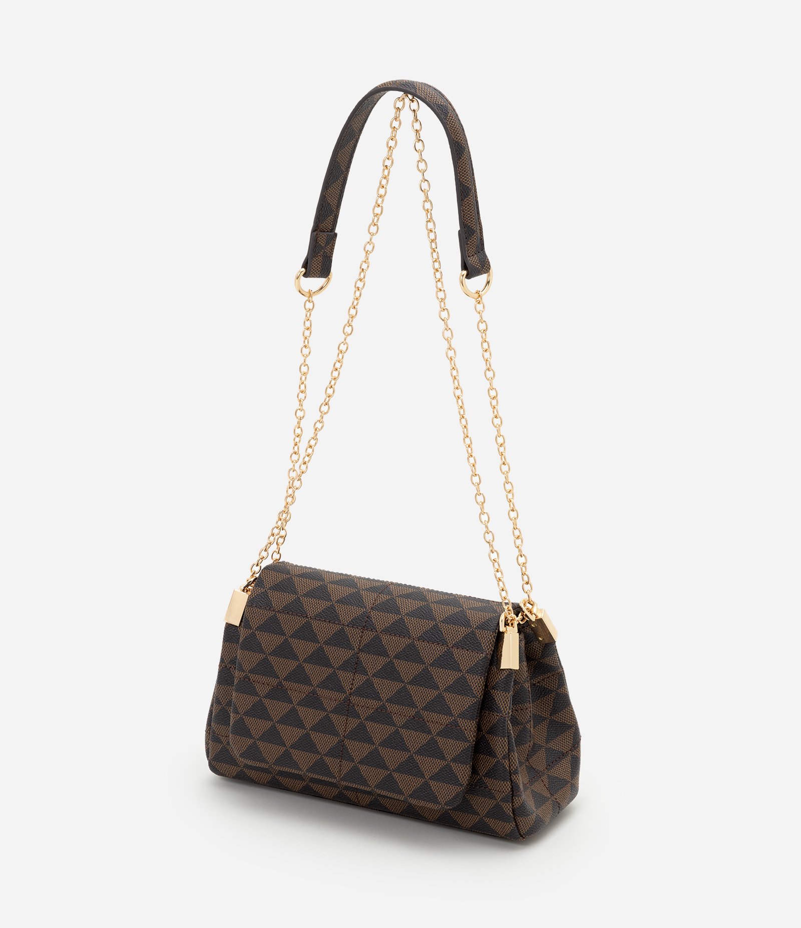 Bolsa Shoulder Média em PU Estampa Triângulos e Alça com Corrente Marrom 7