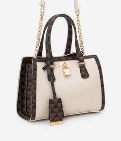 Bolsa Satchel Média com Detalhe de Cadeado e Estampa Triangular