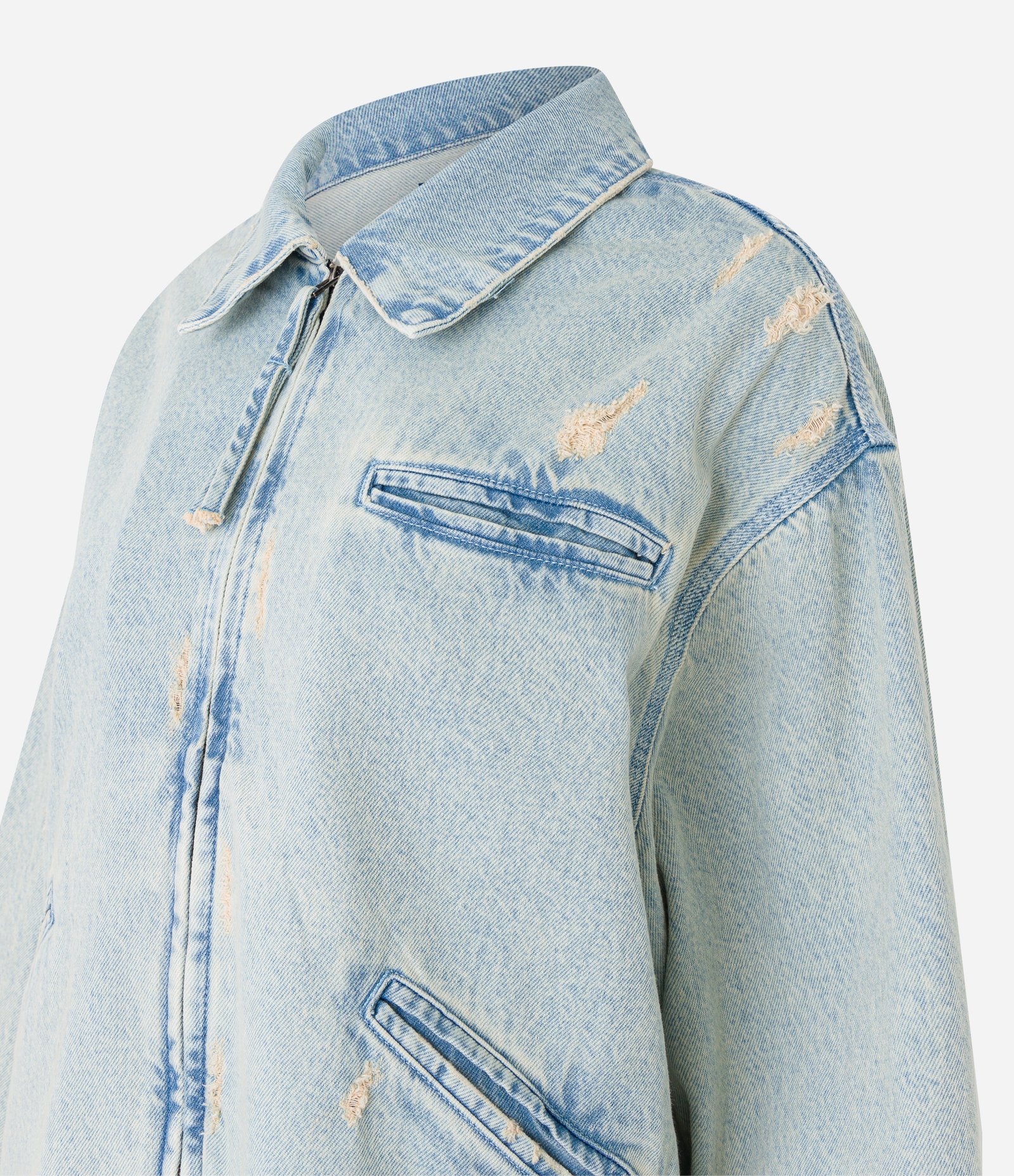 Jaqueta em Jeans Dirty Washed com Bolsos e Puídos Azul 7