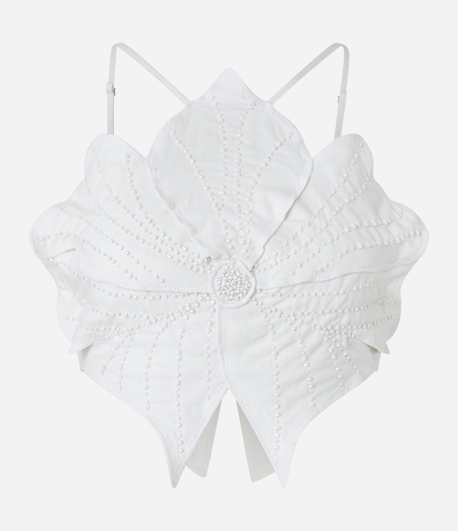 Blusa Cropped em Viscose e Linho em Formato de Flor e Bordado de Miçangas Branco 5