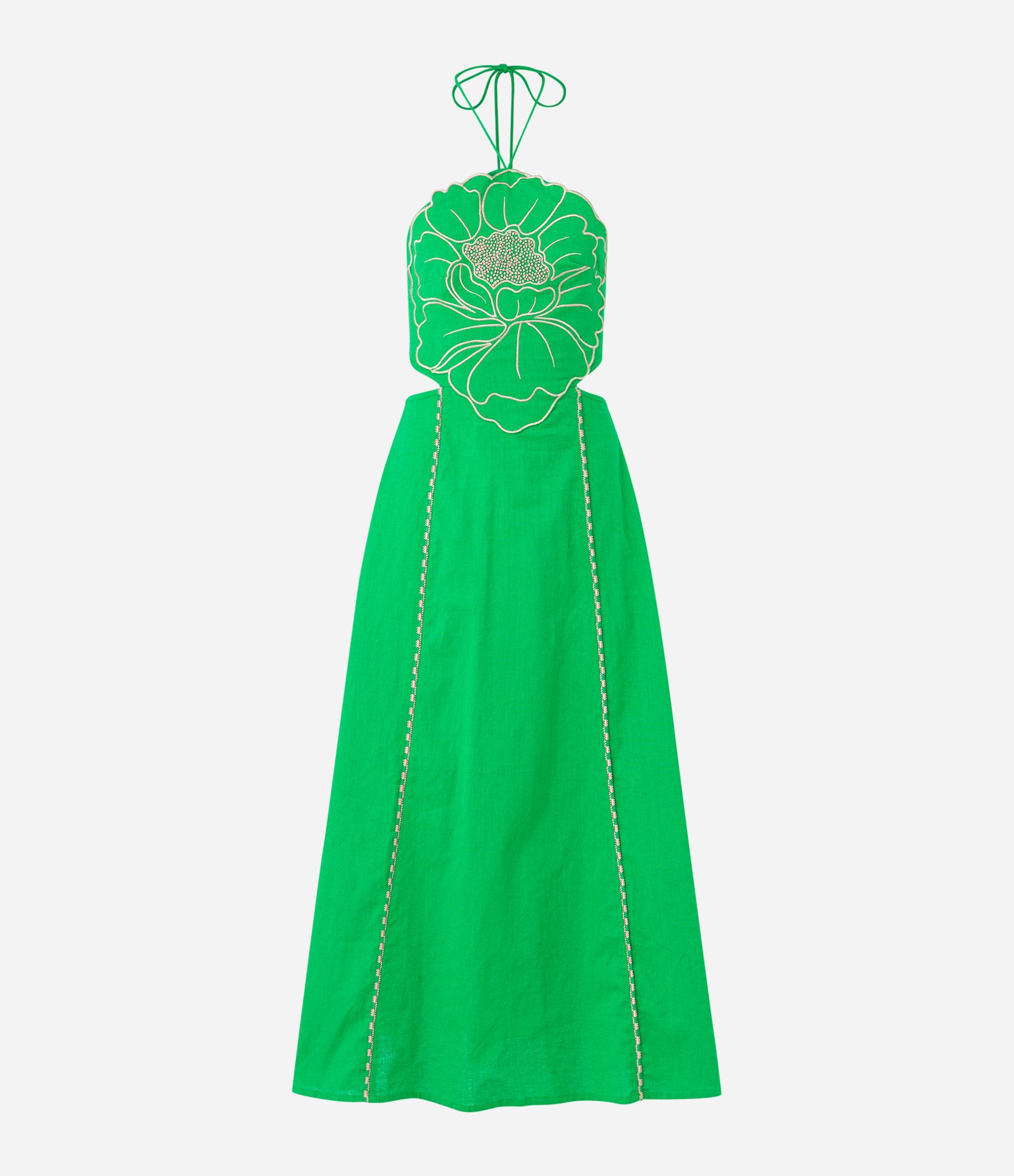 Vestido New Midi em Viscose e Linho com Formato de Flor Verde 4