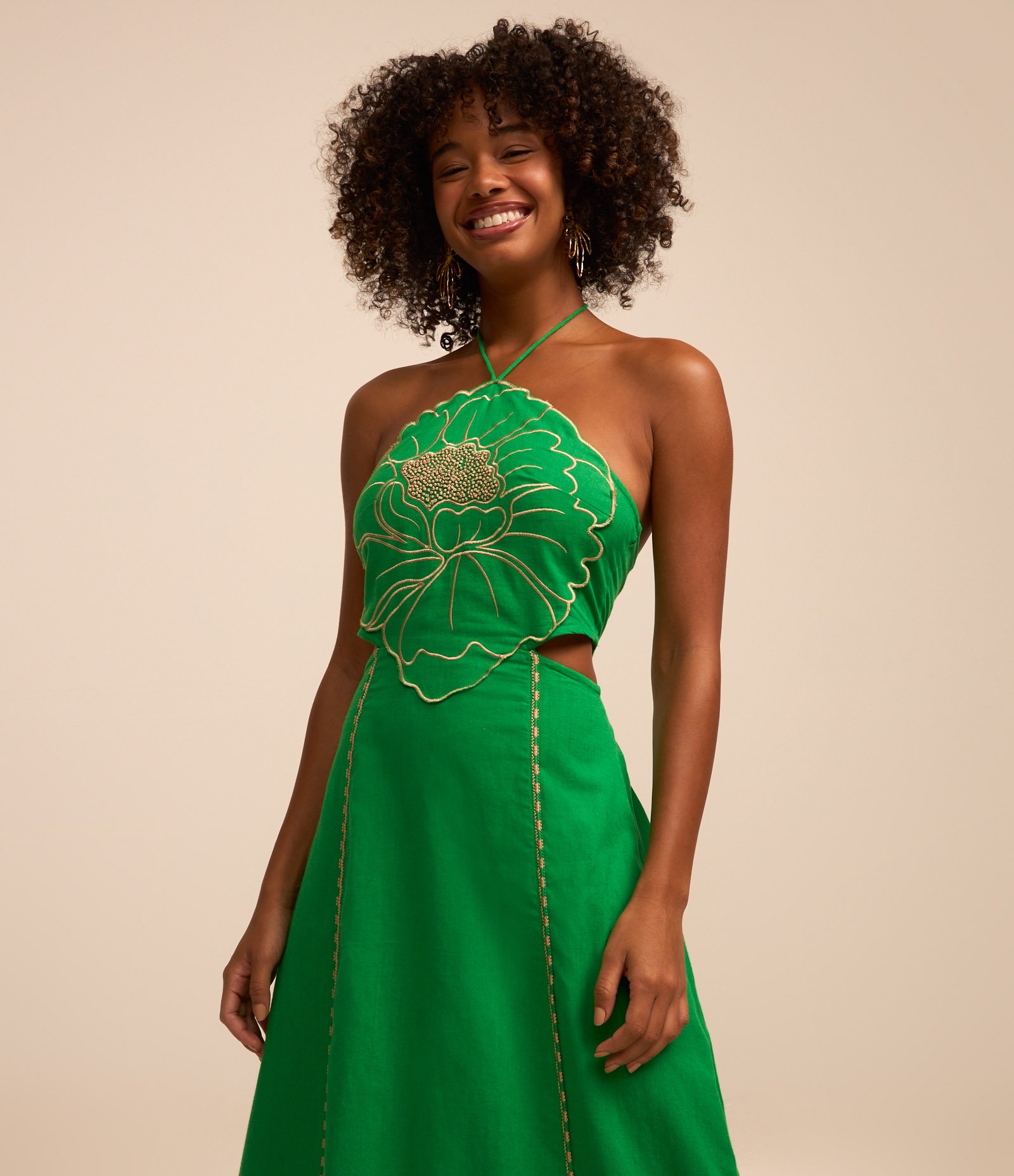 Vestido New Midi em Viscose e Linho com Formato de Flor Verde 2