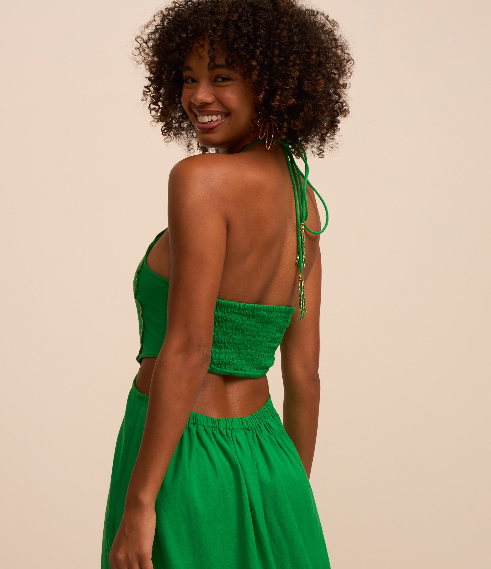 Vestido New Midi em Viscose e Linho com Formato de Flor Verde 3