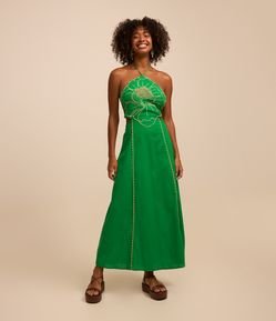 Vestido New Midi em Viscose e Linho com Formato de Flor