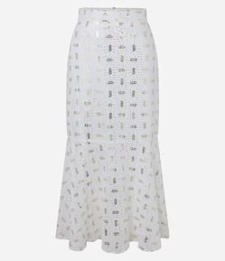 Saia Midi Evasê em Chiffon com Bordado de Paetê