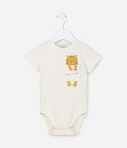 Body Infantil em Ribana com Bolsinho e Estampa Tigre Pendurado - Tam 0 a 18 meses