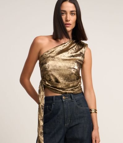 Blusa Ombro Só em Chiffon com Amarração e Detalhe Drapeado Frontal Blusa Ombro Só em Chiffon com Amarração e Detalhe Drapeado Frontal
