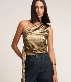 Blusa Ombro Só em Chiffon com Amarração e Detalhe Drapeado Frontal