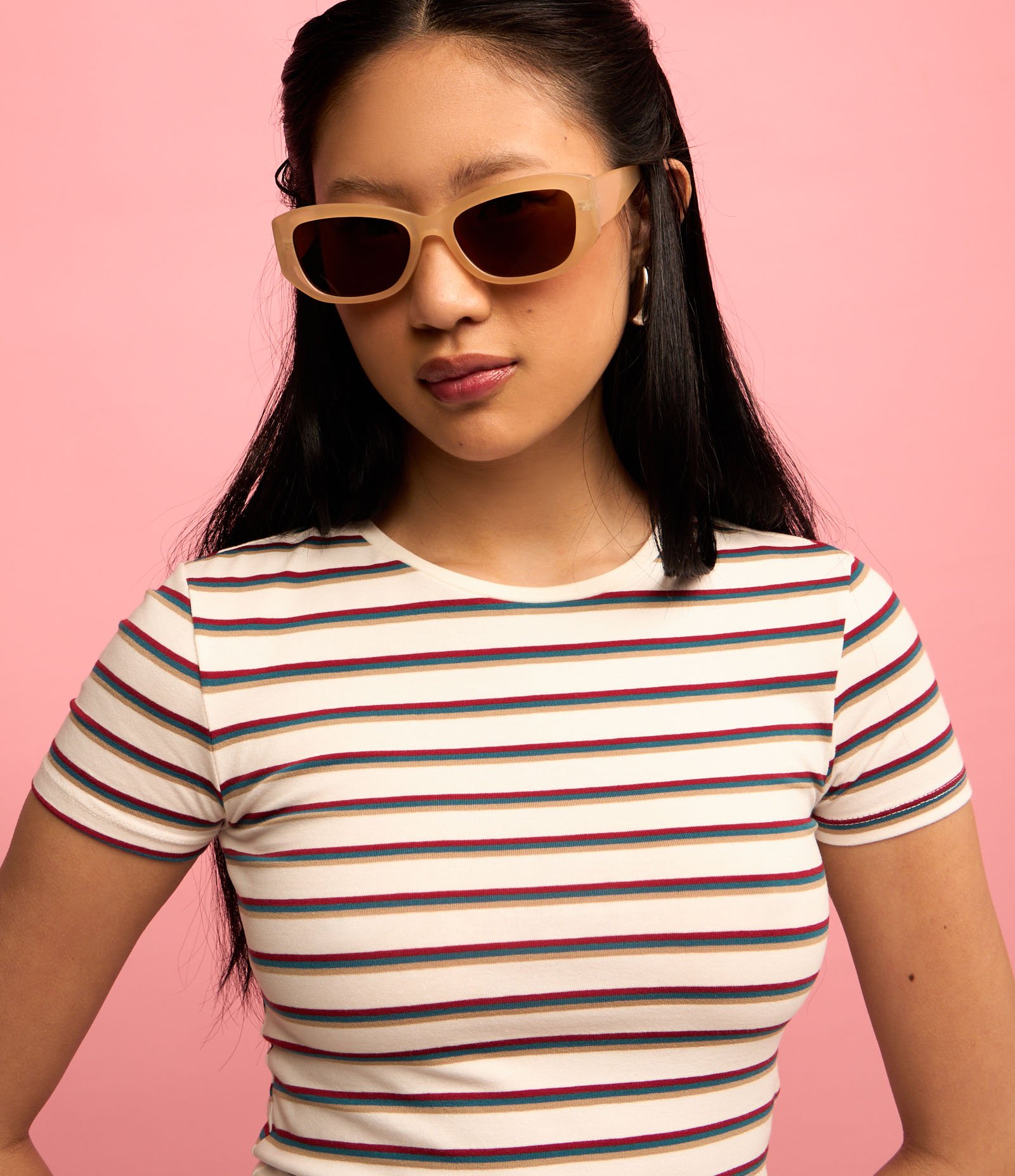 Blusa Baby Look com Estampa de Listras Tricolor Branco/Vermelho 3