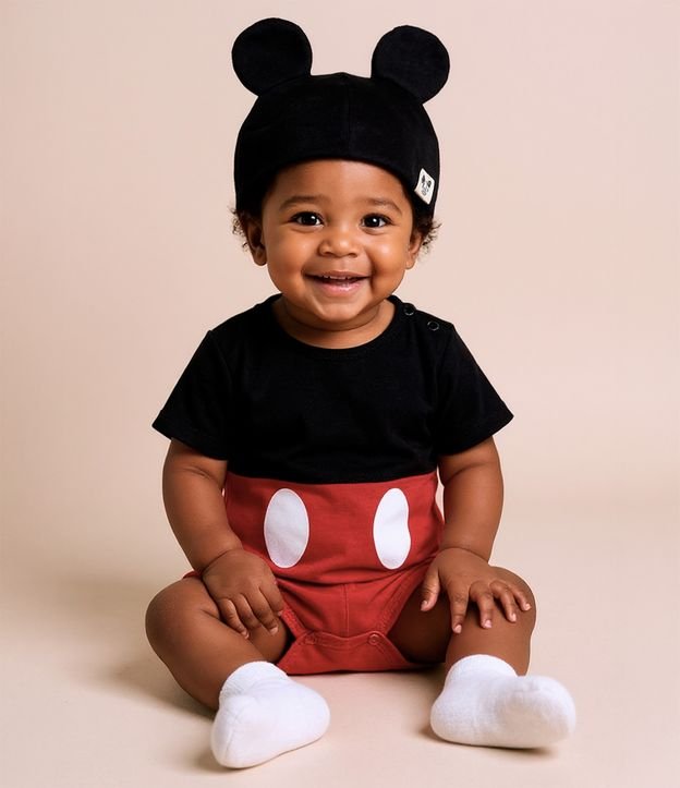 Body Infantil com Estampa Mickey com Gorro - Tam 0 a 18 meses