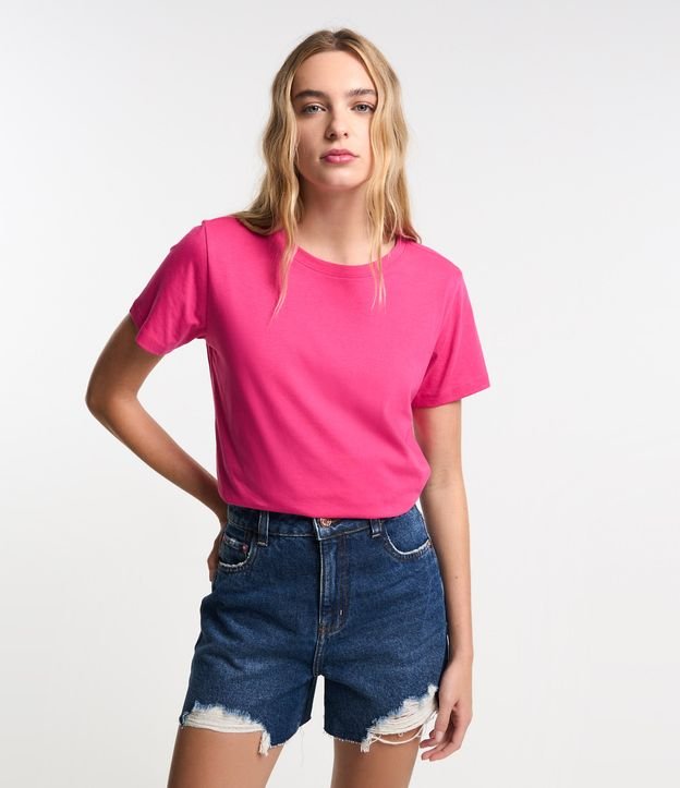 Blusa Alongada em Algodão com Gola Redonda e Manga Curta