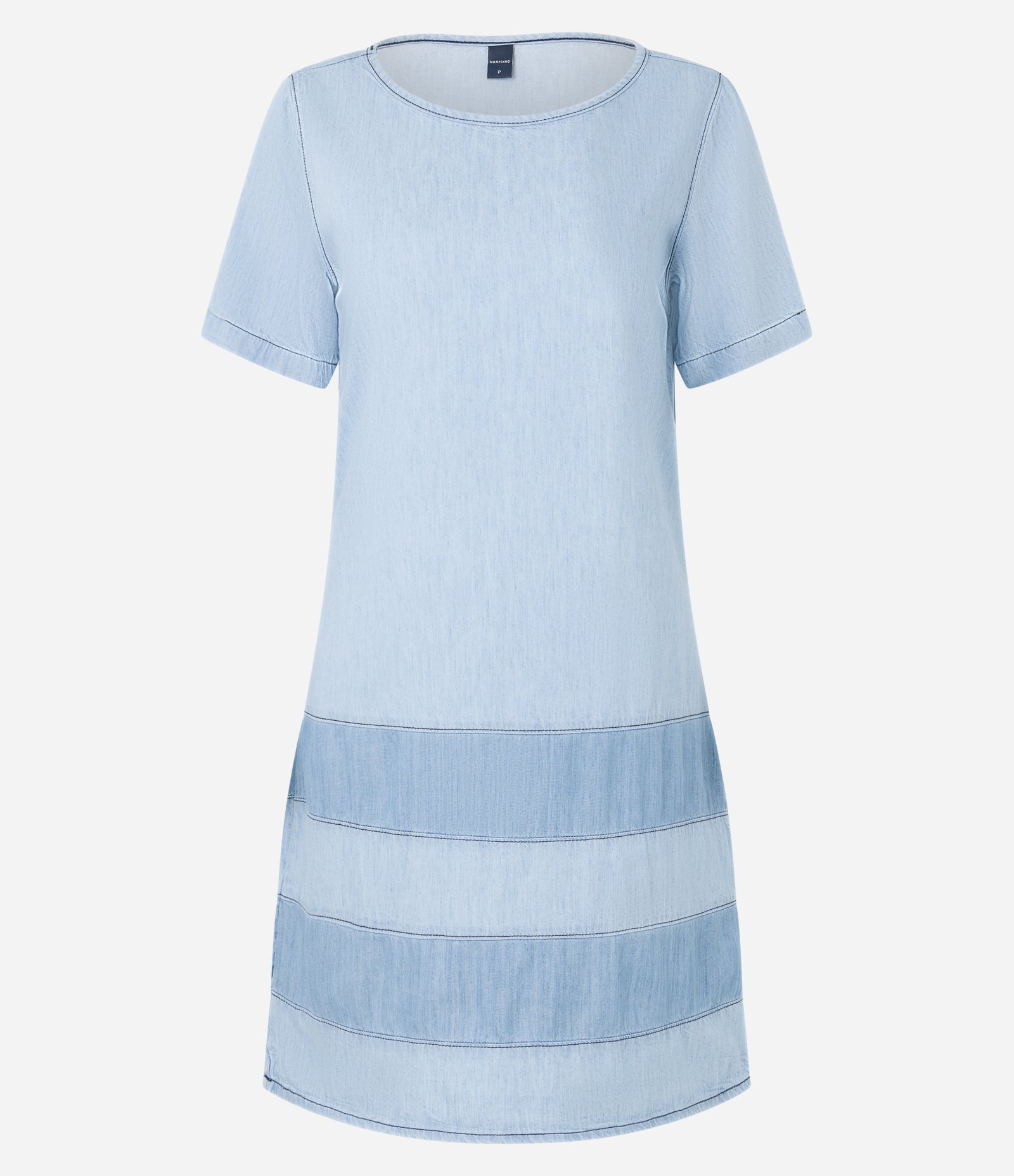 Vestido Curto em Jeans com Decote Canoa e Listras Recortadas Azul 6
