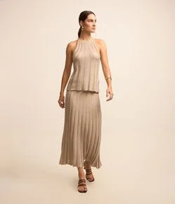 Saia Midi em Tricô Canelado com Fio Metalizado