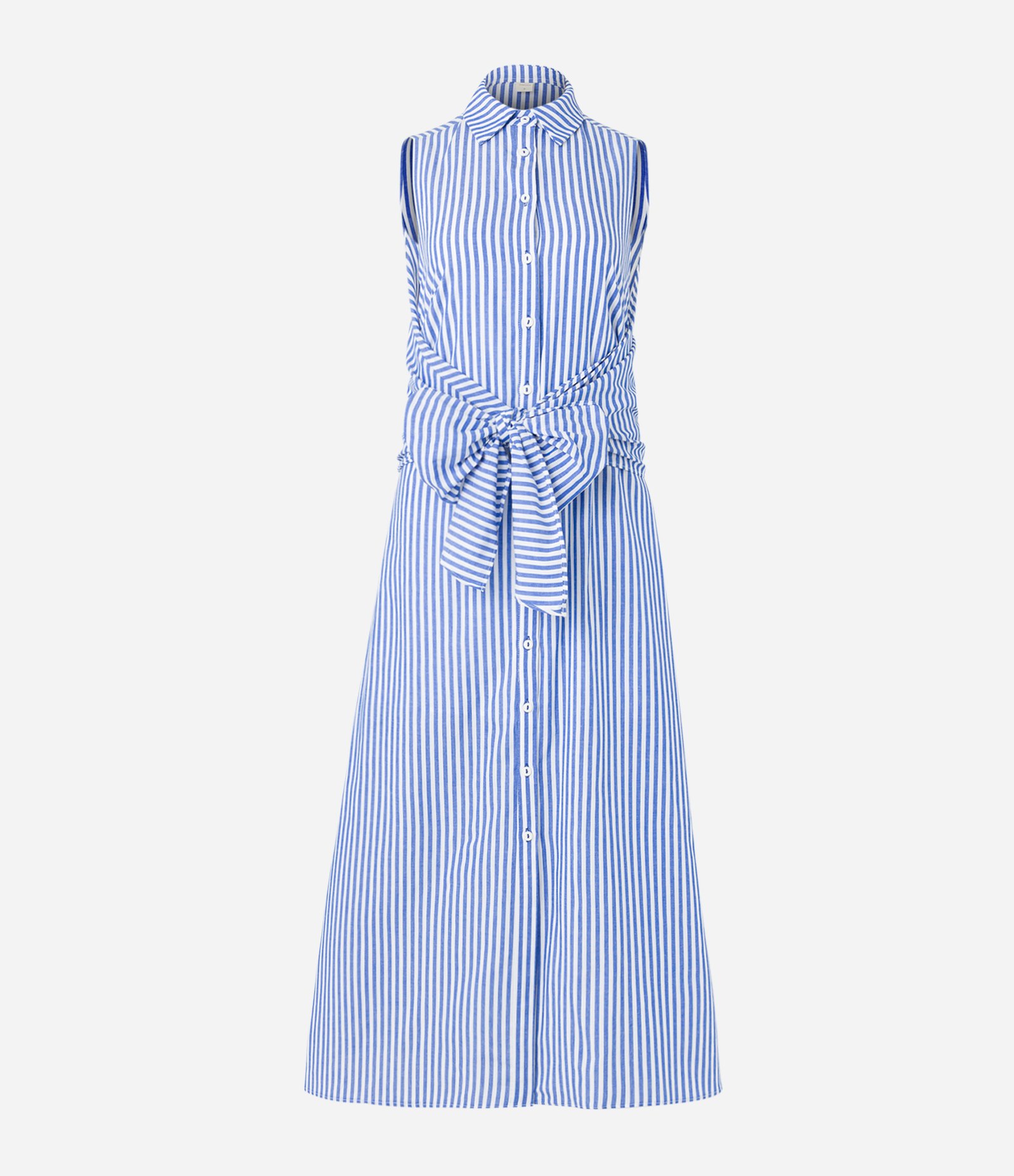 Vestido Chemise Midi em Tricoline com Amarração e Estampa Listras Azul/ Branco 6
