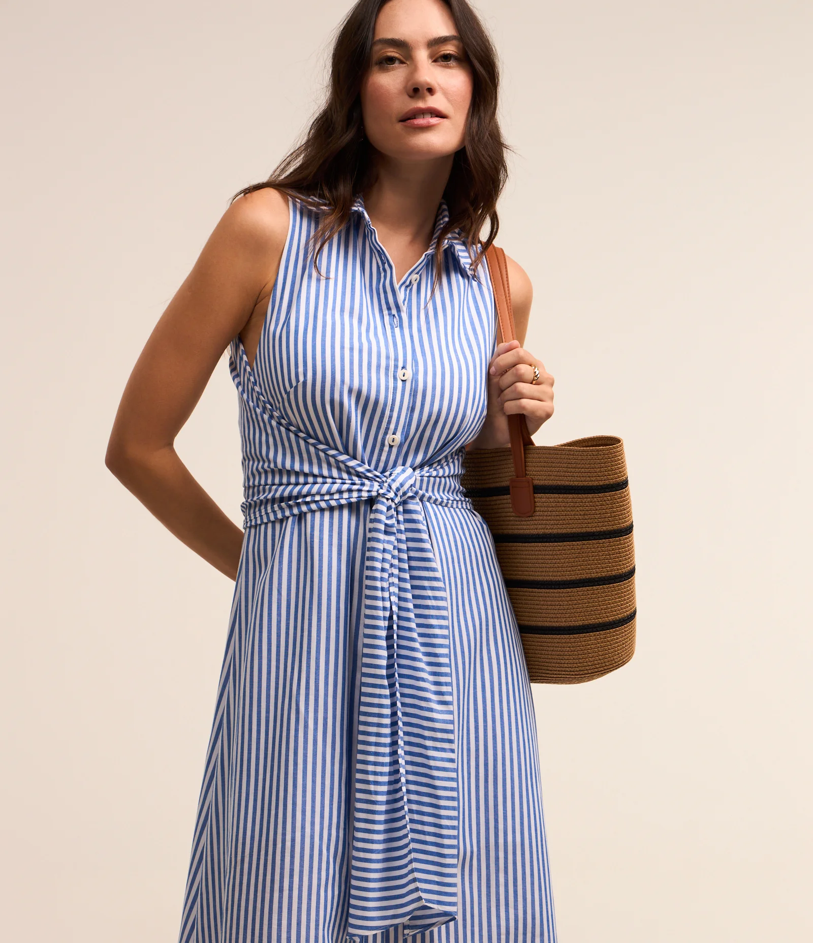 Vestido Chemise Midi em Tricoline com Amarração e Estampa Listras Azul/ Branco 2