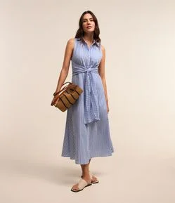 Vestido Chemise Midi em Tricoline com Amarração e Estampa Listras