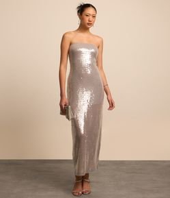 Vestido New Midi Tomara que Caia em Malha de Paetês