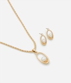 Conjunto de Colar e Brinco com Pingentes de Pérola Oval