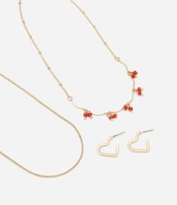 Conjunto de Brinco Coração e Colar Camadas com Cerejas