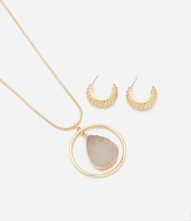 Conjunto de Colar Longo Rabo de Rato com Pedra e Brinco Argola texturizada Gomos