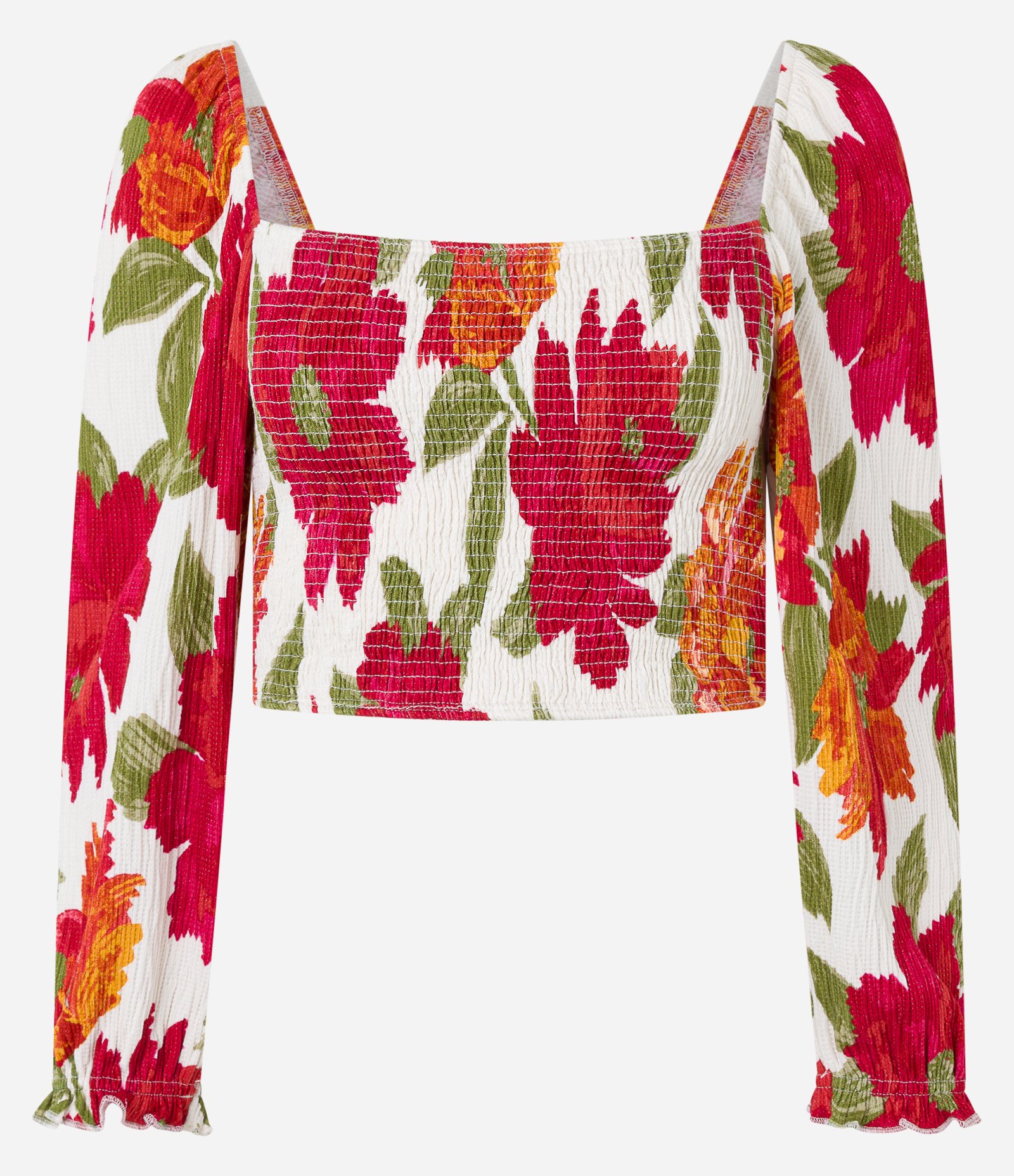 Blusa Cropped Texturizada com Lastex e Estampa Floral Branco 4